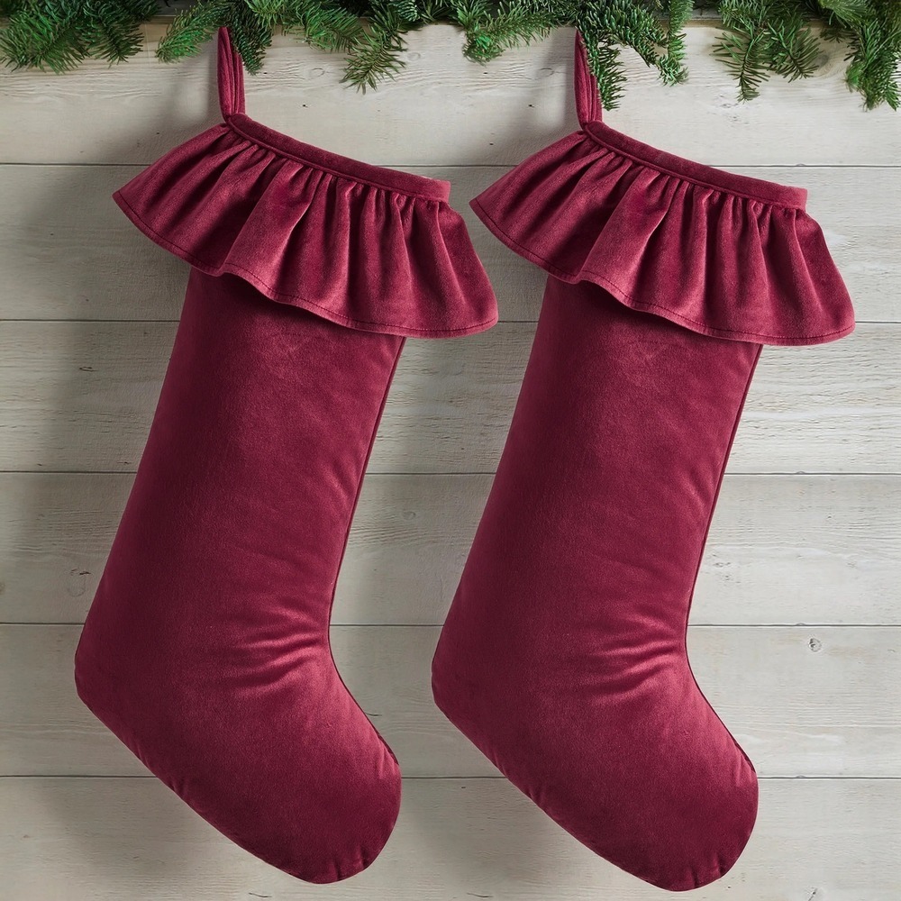 My Texas House Red Ruffle Velvet Christmas Stockings Burgundy 2pc, 20" - 2025